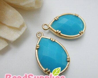 CH-GL-01008- Gold plated, faceted colored  teardrop charm, turquoise blue, 4 pcs