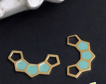 CH-EX-08205DuG - Raw brass, 5 Hexagon connector, turquoise green, 4 pcs