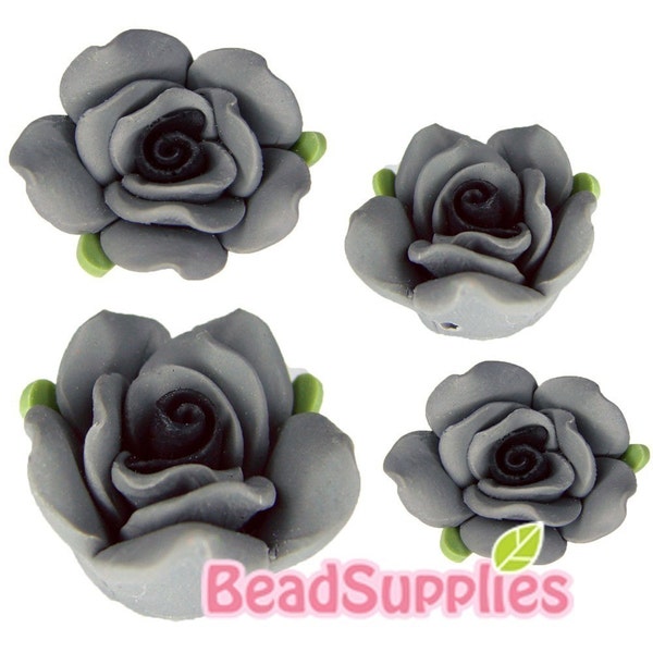 FP-FI-01007- Flower fimo Rose, Grey, 4 pcs