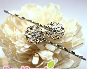 FN-HA-01003- Nickel free, silver plated, Round art nouveau Filigree pad 50mm bobby pin V1, buy 6 pcs get 2 pcs free