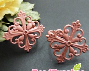 FN-RB-09055- Nickel Free Dusty pink enameled Art Nouveau Square  filigree ring base, 4 pcs