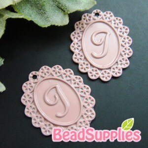 CH-ME-01958 Dusty pink enameled, Lace Applique alphabet charm I, 2 pcs image 1