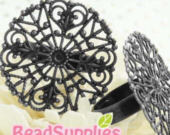 FN-RB-07022- Nickel Free, Gunmetal Black  Big floral 4-heart filigree ring (Adjustable), 4 pcs