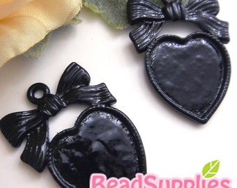 CH-CS-01018 - Black enameled,  Ribbon and heart Cameo Setting, 4 pcs