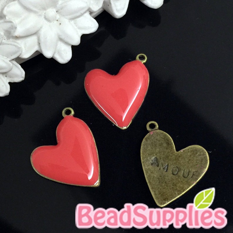 coral red 4 pcs Oblique heart charm with amor stamped CH-EX-03019CR