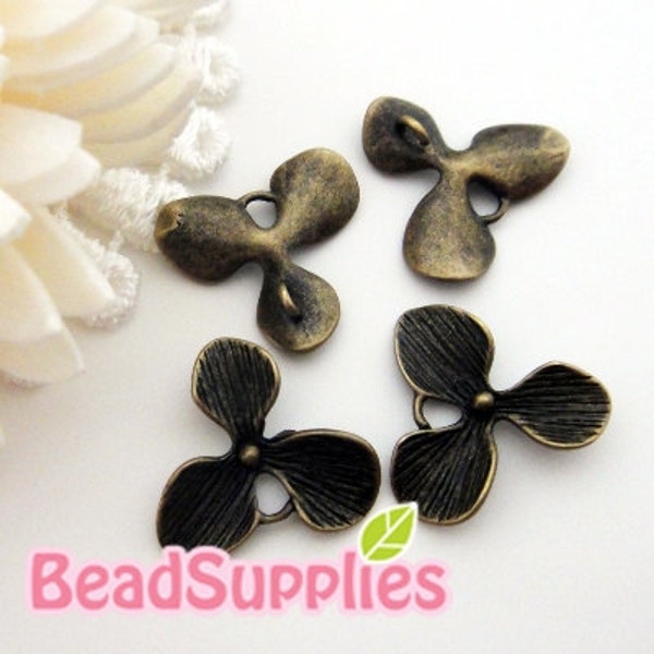 CH-ME-03164 - Nickel Free, Antique Brass,3-petal Orchids charms (small size) with connector loops, 6 pcs