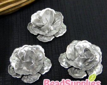 CH-ME-09293- Nickel Free,Silver plated, 3D Rose, 4 pcs