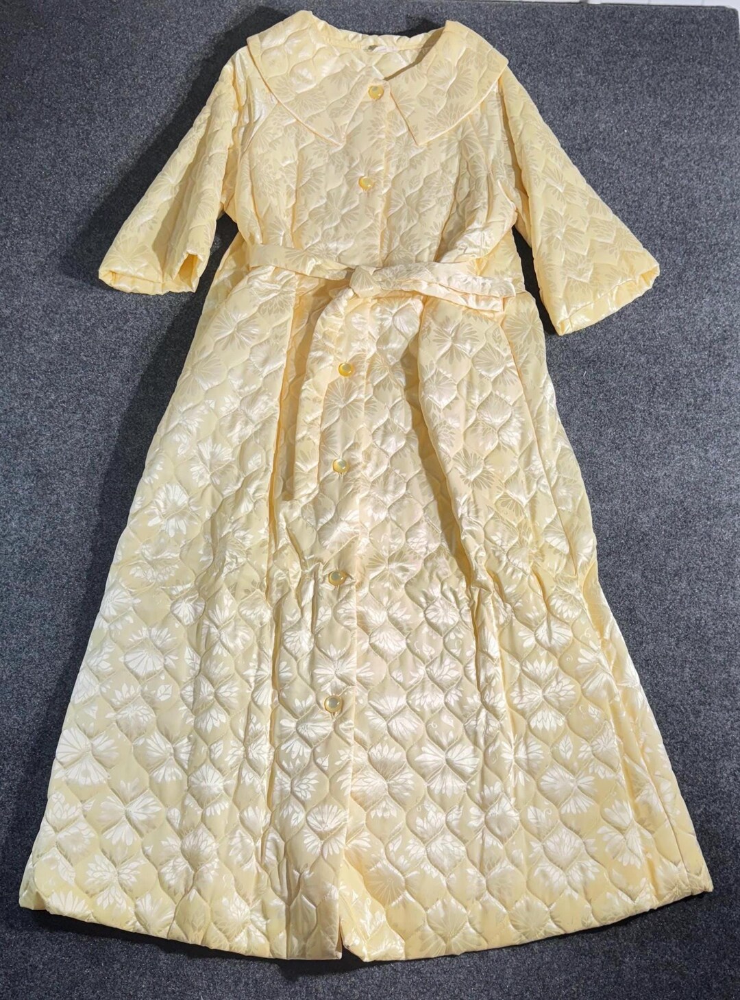 Vintage 60s Womens Quilted Floral Print Long Robe Size Large Cream ...