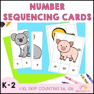 Puzzels met volgnummers: 1 tot 30: tellen overslaan 2s, tellen 10s, wiskunde eerste leerjaar