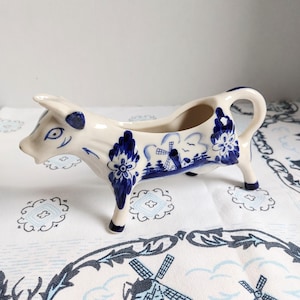 Vintage Blue Delft Ceramic Cow Creamer | Windmill Design | Holland