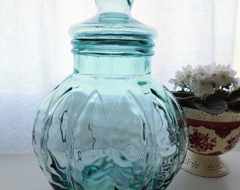 Vintage Spanish Green Glass Pumpkin Jar with Lid | Large 14” Apothecary Canister