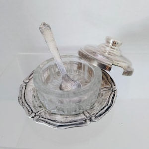 Vintage 900 Silver Salt Cellar Set with Glass Insert & Spoon – Miniature Condiment Dish with Lid – European
