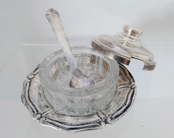 Vintage 900 Silver Salt Cellar Set with Glass Insert & Spoon – Miniature Condiment Dish with Lid – European