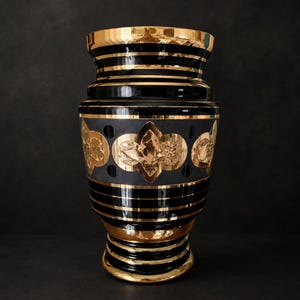 May include: A black glass vase featuring horizontal gold bands around the neck and base. The central section displays a matte black band decorated with repeating gold floral motifs and circular accents, finished with a polished gold rim.