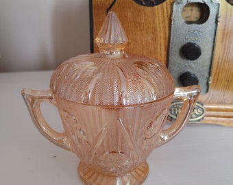 Jeannette Glass Iris and Herringbone Sugar Bowl with Lid. Irridescent depression glass.