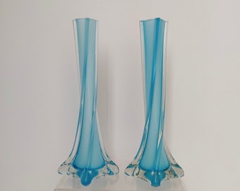 Vintage turquoise blue milk glass soliflore bud vases. Set of 2. MCM