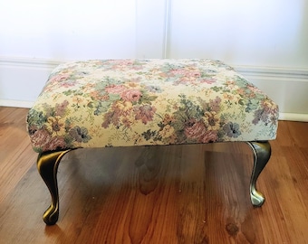 Vintage Floral Tapestry Footstool with Brass Tone Queen Anne Legs | English Hearth Stool