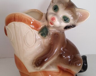 1950's Royal Copley Cat and Boot Planter Vase.