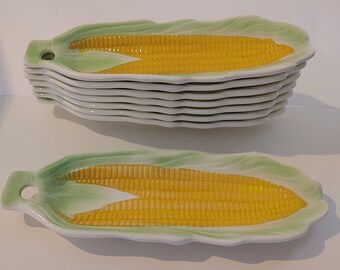 Set of 8 Vintage Ceramic Corn on the Cob Holders Plates. Made in Japan. MCM