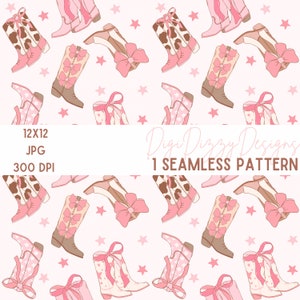 Cowgirl Boots Seamless Digital Paper, Western Pink Girly Repeating Pattern Printable Paper Backgrounds for Scrapbooking, Sublimation, Fabric
