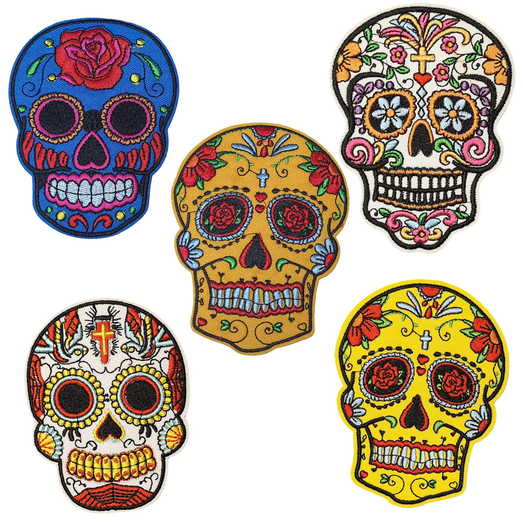Sugar Skull Iron on Patch Collection | Embroidered Badge Back Patches for Jackets, Dia De Los Muertos, Mexican Party, Applique, Sew on