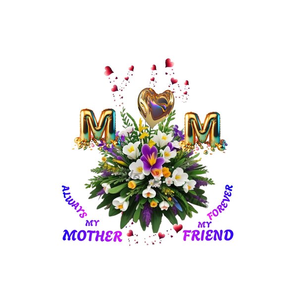Floral Heart Monogram image - "Always My Mother, Forever My Friend" heartfelt quote, custom floral arrangement, custom heart design