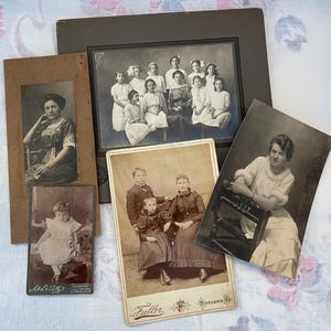 Five Antique Photos Children & Women Cabinet Card CDV 1 with Beautiful Photographer Ad Good  for Altered Art Projects Journal Supplies