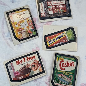 Five Vintage 1970s Topps Wacky Packages Collectible Card Stickers Spoof Ads Bit-o-Money Dimwit Dots Humorous Packaging