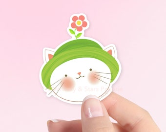 Vinyl Sticker - Cute Kawaii Daisy Hat Cat - Waterproof Sticker