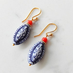 Blue White Earrings, Red Coral, Gold Earrings