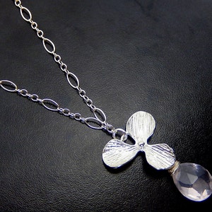 Rose Quartz Necklace, Pink Drop, Silver Orchid, Floral Sterling Silver, Birthstone Jewelry image 1