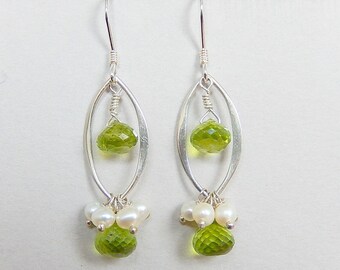 Peridot Pearl Earrings, Sterling Silver Marquis, Green White Bridal, Wedding Jewelry