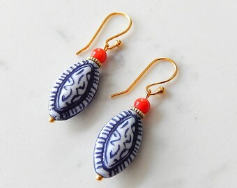 Blue White Earrings, Red Coral, Gold Earrings