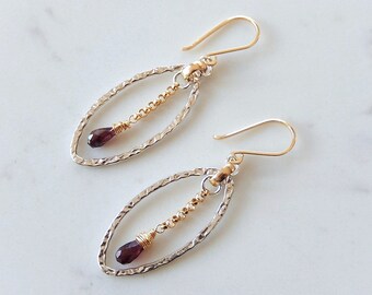 Garnet Mixed Metal Earrings, Marquis Teardrop Dangles in Sterling Silver and Gold Fill