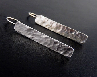 Sterling Silver Bar Earrings, Hammered Dangles, Modern Jewelry