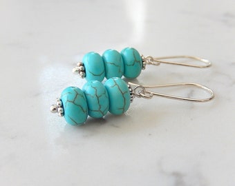 Turquoise Stack Earrings, Wagnerite Blue Stone Dangles, Sterling Silver