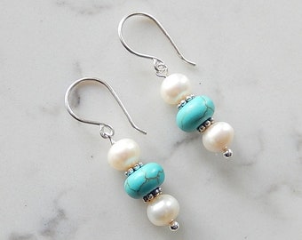 Pearl and Turquoise Earrings, Wagnerite Blue Stack Earrings, Stone Dangles, Sterling Silver