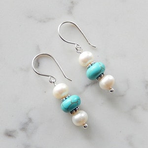 Pearl and Turquoise Earrings, Wagnerite Blue Stack Earrings, Stone Dangles, Sterling Silver image 1