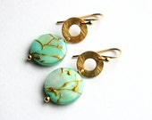 Green Shell Earrings, Mother of Pearl, Gold Coin Earrings, Pearly Sea Green Drops