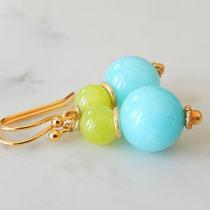 Blue Green Stone Earrings, Gold Dangles, Baby Blue and Lime Jade