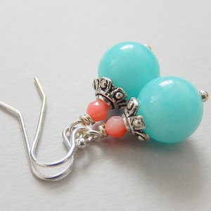 Baby Blue Jade Earrings, Coral Earrings, Pink Blue Earrings, Sterling Silver