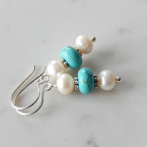 Pearl and Turquoise Earrings, Wagnerite Blue Stack Earrings, Stone Dangles, Sterling Silver image 4