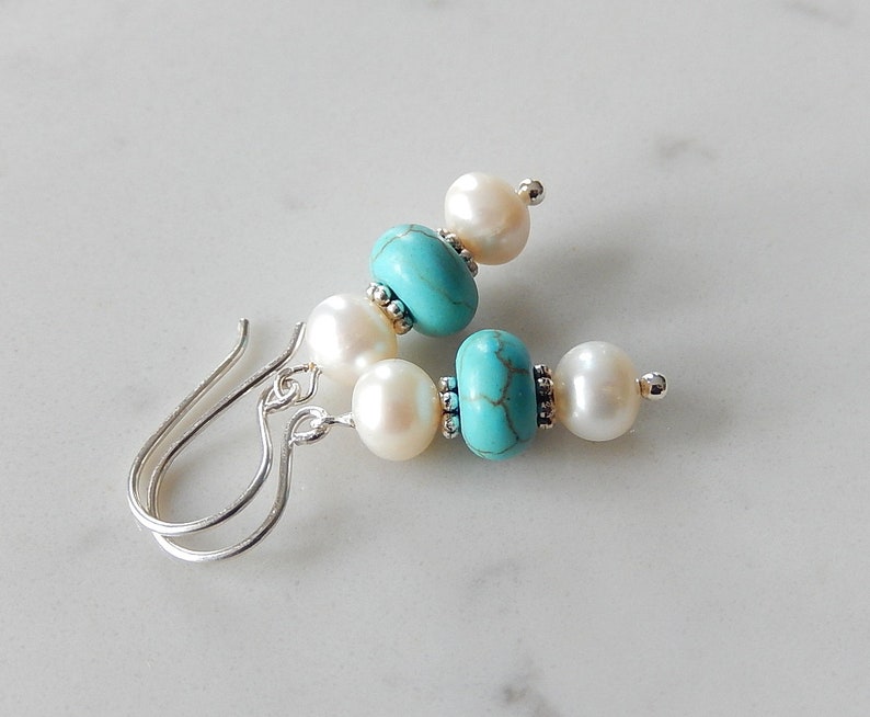 Pearl and Turquoise Earrings, Wagnerite Blue Stack Earrings, Stone Dangles, Sterling Silver image 4