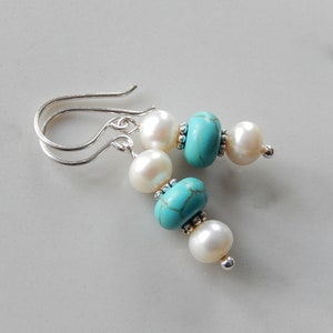 Pearl and Turquoise Earrings, Wagnerite Blue Stack Earrings, Stone Dangles, Sterling Silver image 6