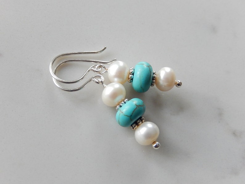 Pearl and Turquoise Earrings, Wagnerite Blue Stack Earrings, Stone Dangles, Sterling Silver image 6