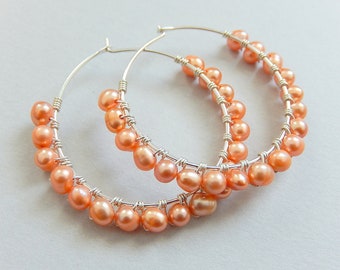 Peach Pink Pearl Hoop Earrings, Beaded Sterling Silver Jewelry