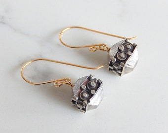 Mixed Metal Earrings, Gold Filled Dangling Drops, Ornate Sterling Silver Jewelry