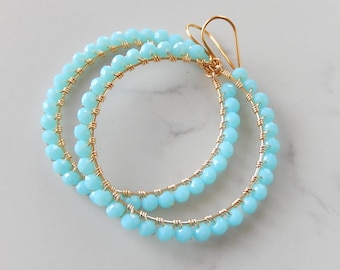 Baby Blue Hoop Earrings, Gold Wire Wrapped Earrings