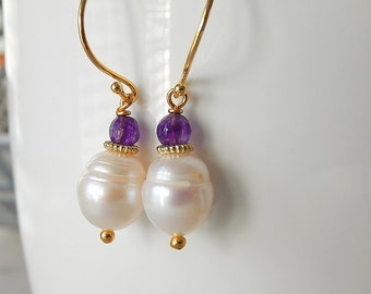 Pearl and Jade Gold Earrings, White and Purple Dangles