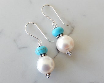 Pearl Drop Earrings, Turquoise Blue and White Stone Dangles, Sterling Silver